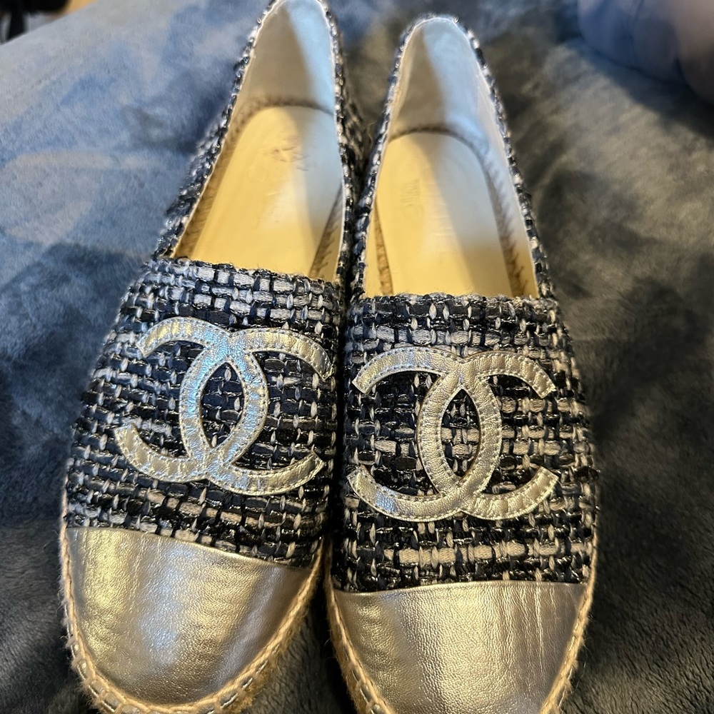 CHANEL Blue and Silver Espadrilles
